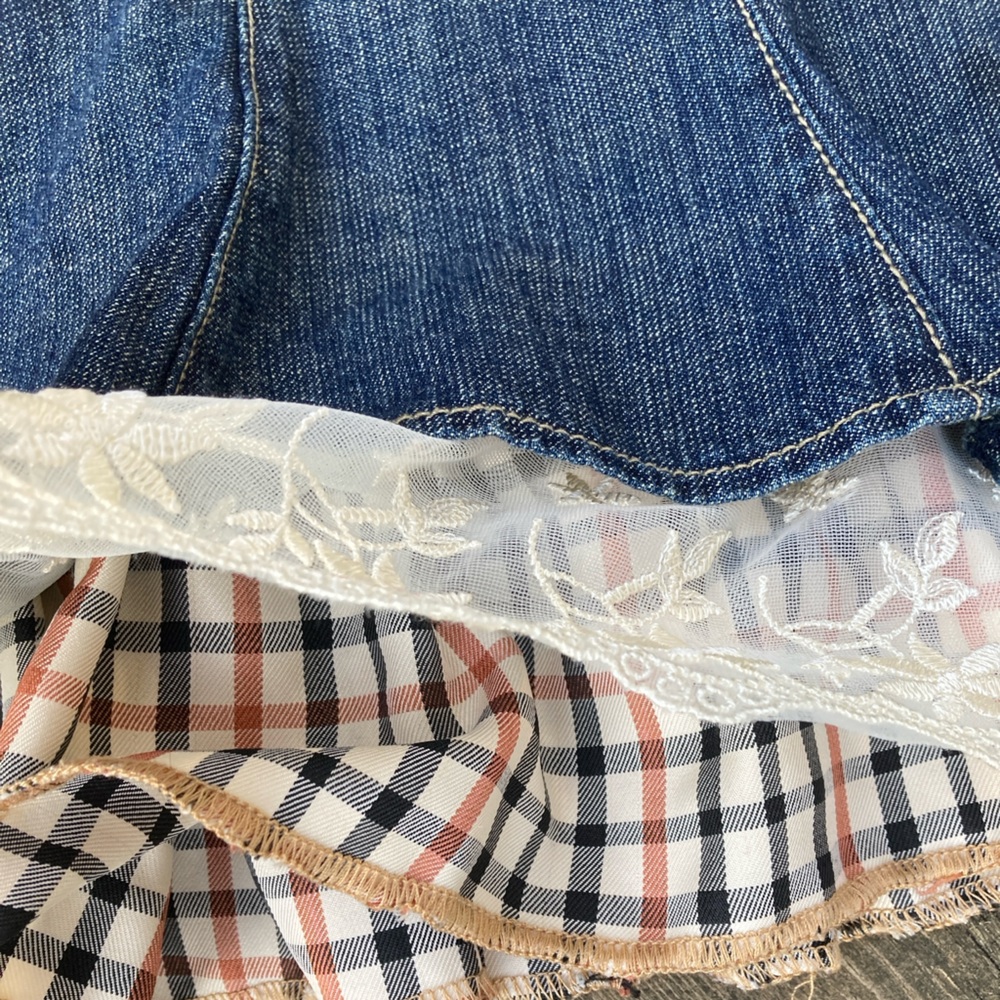 Boho IN LOOK JEANS Skirt Denim Blue Brown Cream Plaid Lace Ruffle Size 12 EU42 - Picture 11 of 14